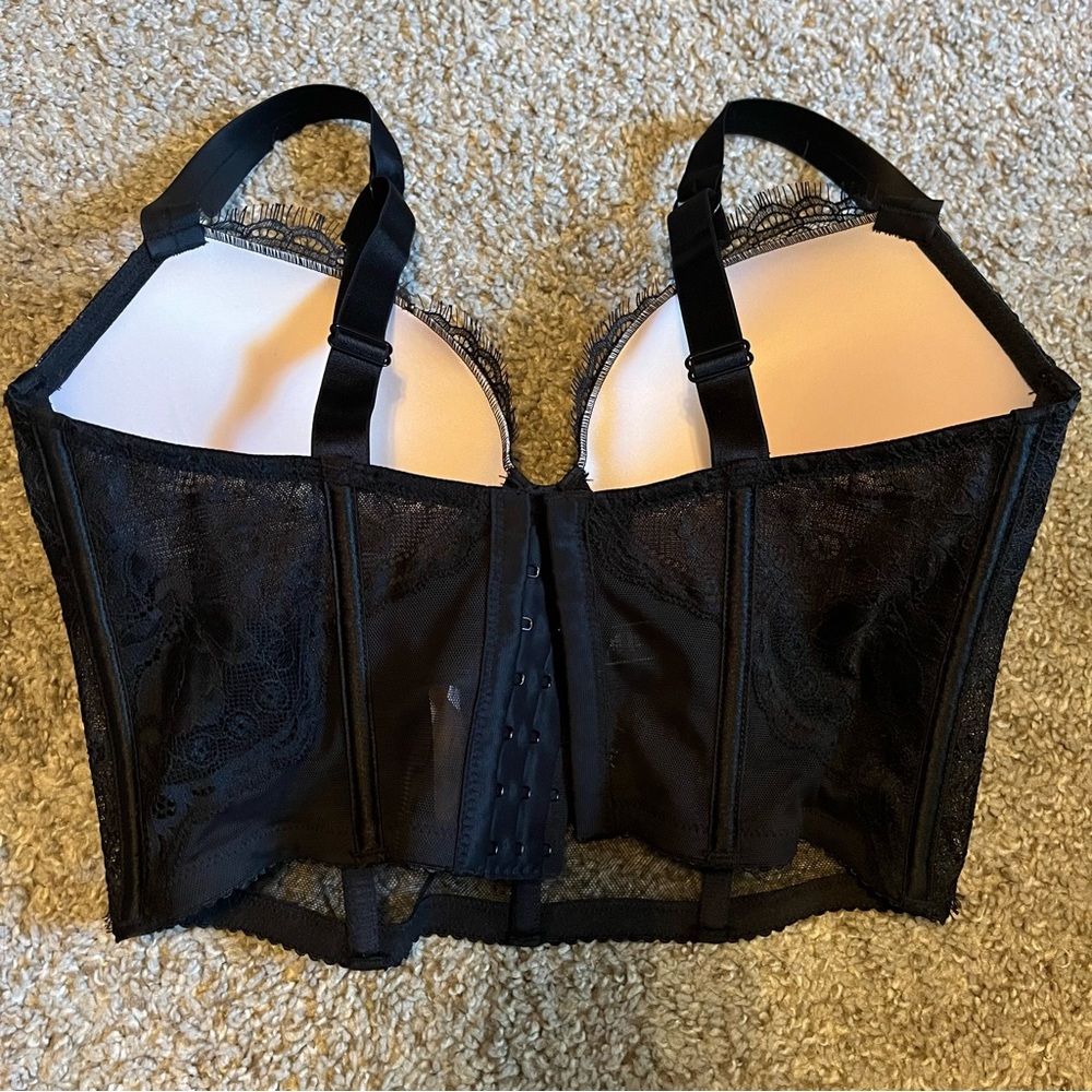 NWT Victorias Secret Bra Corset Black Lace Lingerie 32DD Rhinestone Strap Logo - Picture 2 of 4